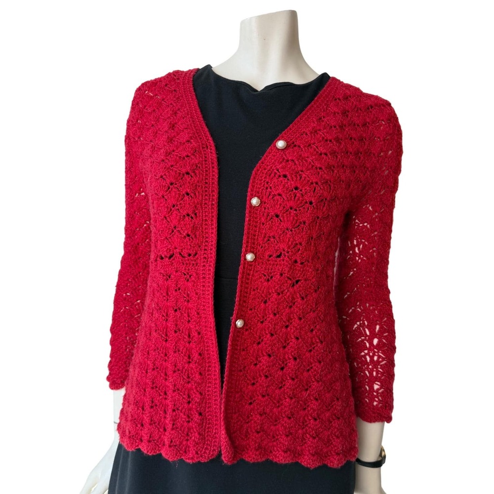 Vintage Handmade Button Up Cardigan Red Cottagecore Christmas Cozy Grandmacore S